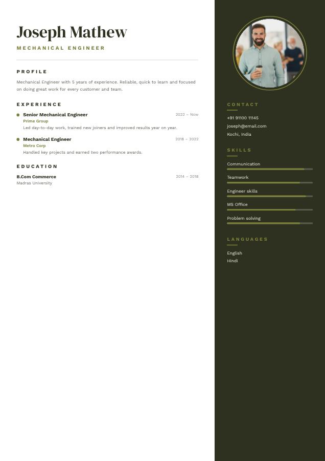 Olive Joseph Mathew Mechanical Engineer Resume — editable resume template