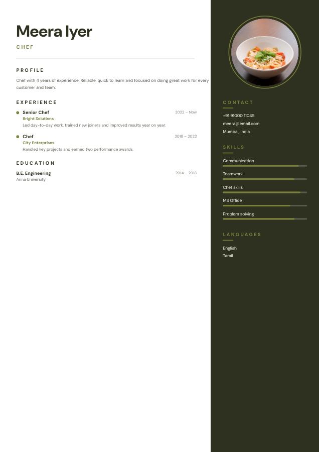 Olive Meera Iyer Chef Resume — editable resume template