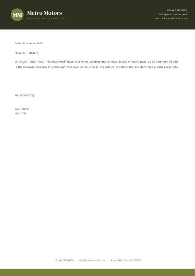 Olive Metro Motors Bold Letterhead — editable business template
