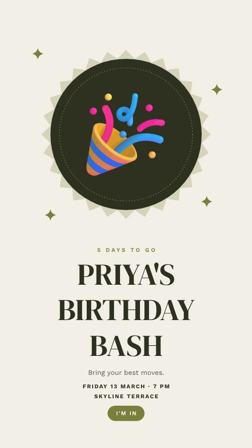 Olive Priya Birthday Bash Story — editable birthday template