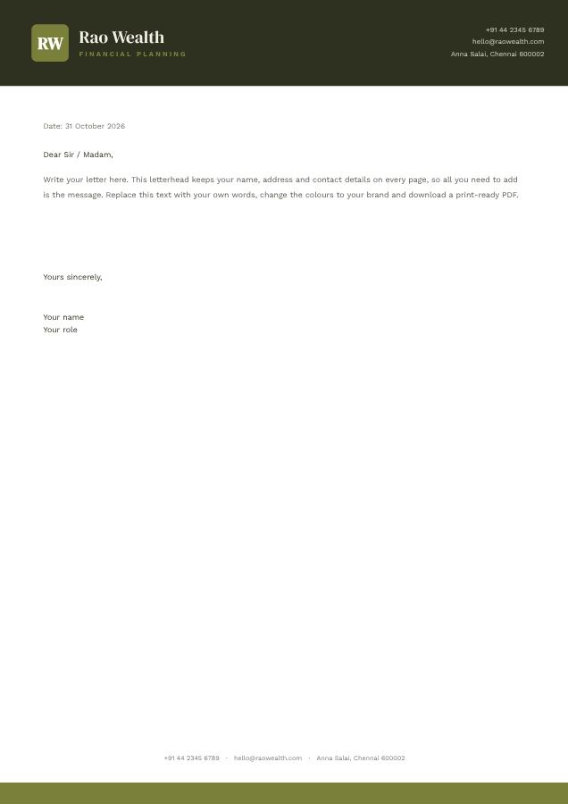 Olive Rao Wealth Bold Letterhead — editable business template