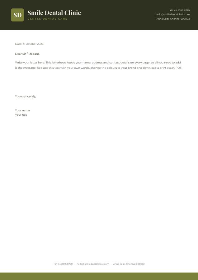 Olive Smile Dental Clinic Bold Letterhead — editable business template