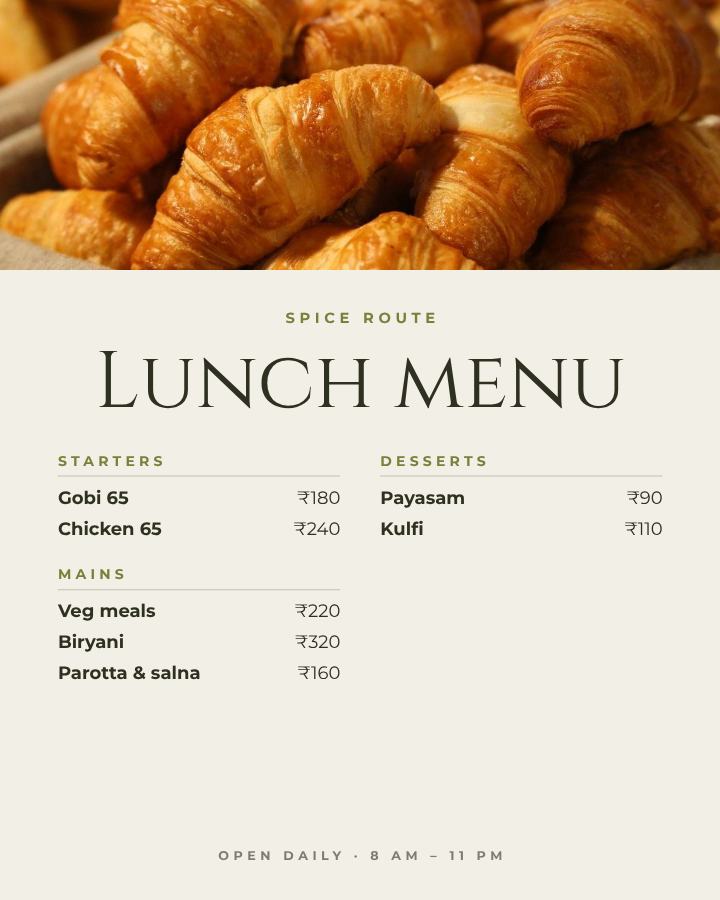 Olive Spice Route Lunch menu A4 — editable menus template