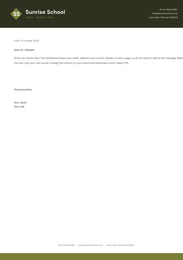 Olive Sunrise School Bold Letterhead — editable business template