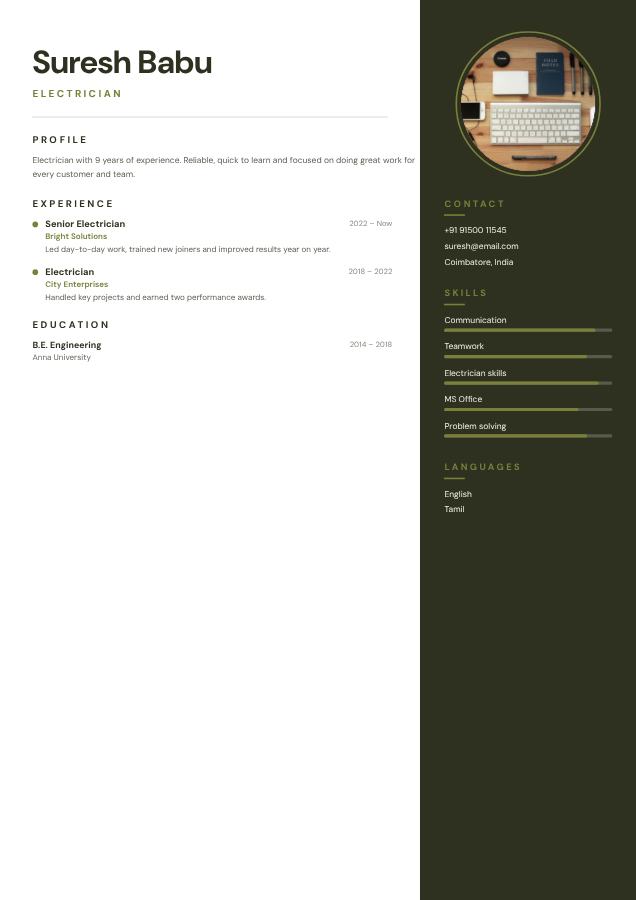 Olive Suresh Babu Electrician Resume — editable resume template
