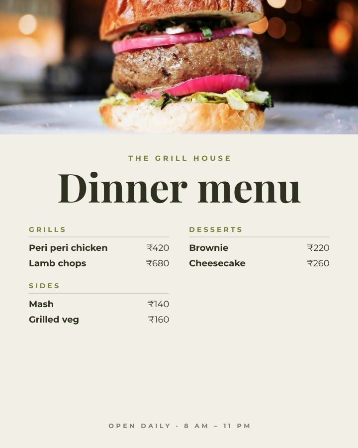 Olive The Grill House Dinner menu Card — editable menus template