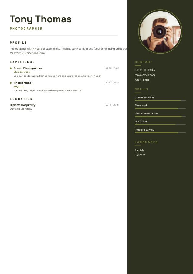 Olive Tony Thomas Photographer Resume — editable resume template