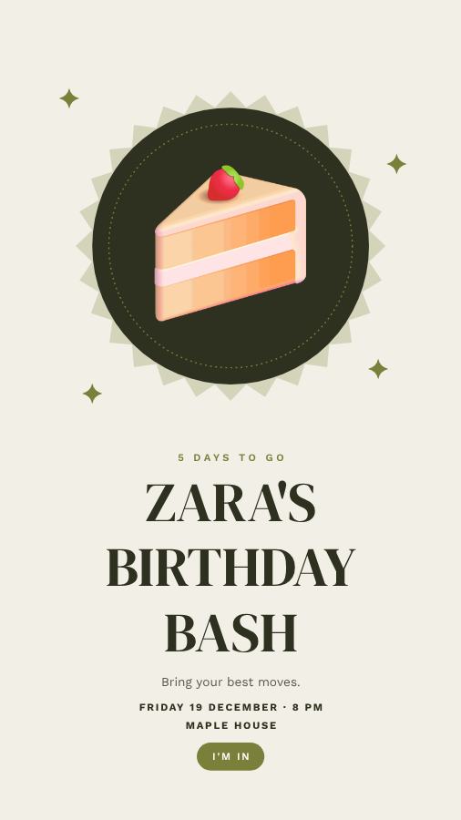 Olive Zara Birthday Bash Story — editable birthday template