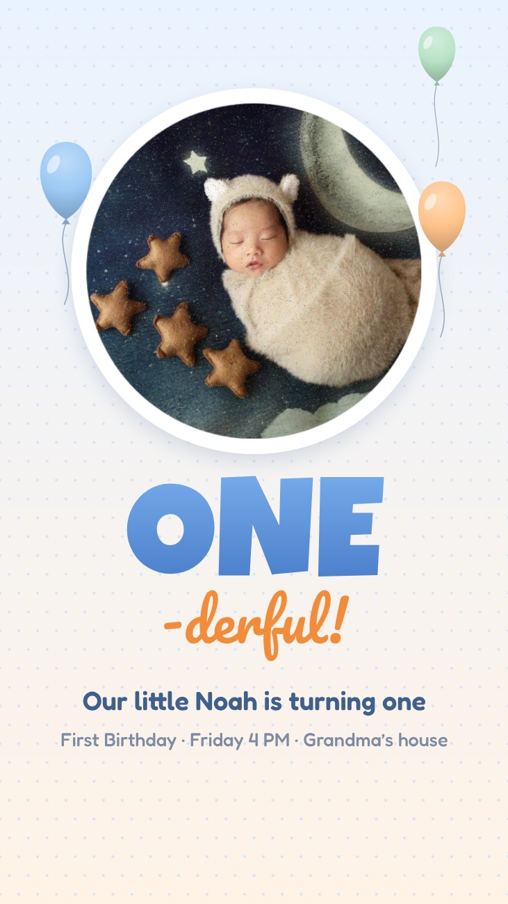 ONE-derful First Birthday Story — editable birthday template
