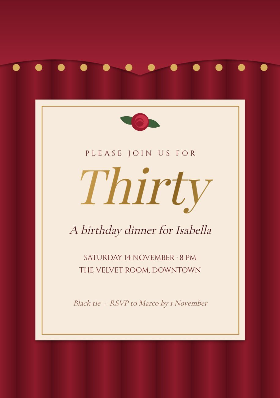 Opera Red Velvet Thirtieth Dinner Invitation — editable birthday template