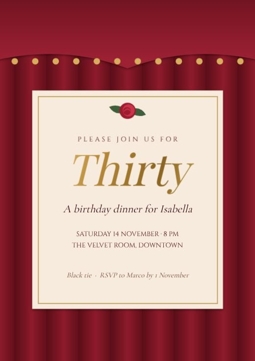 Opera Red Velvet Thirtieth Dinner Invitation template