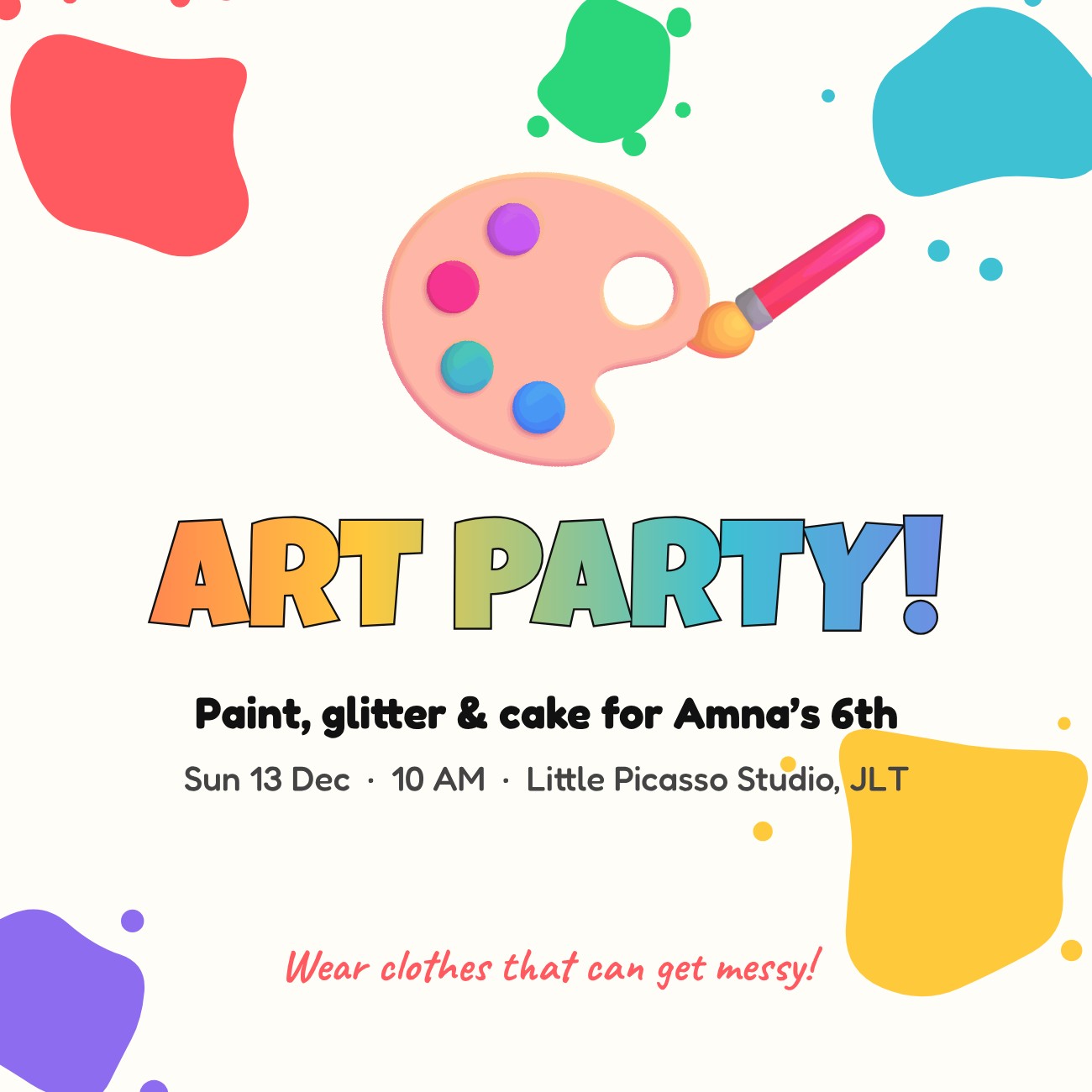 Paint Splat Art Party Invitation — editable birthday template
