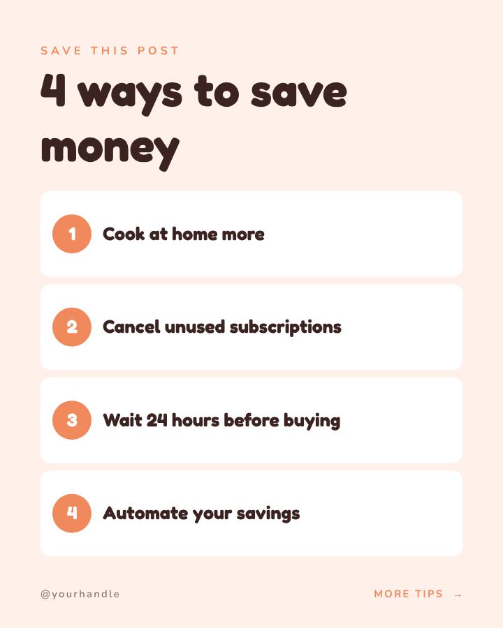 Peach 4 ways to save money Tips Post — editable social media template