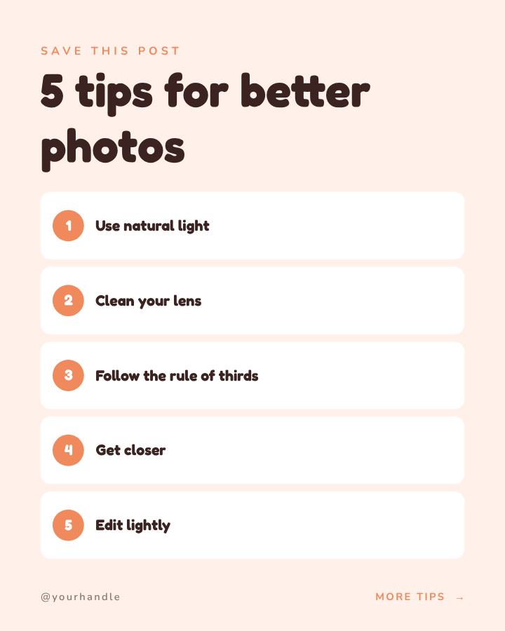 Peach 5 tips for better photos Tips Post — editable social media template