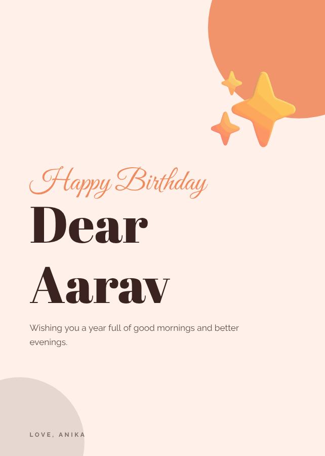 Peach Aarav Birthday Wishes Card — editable birthday template