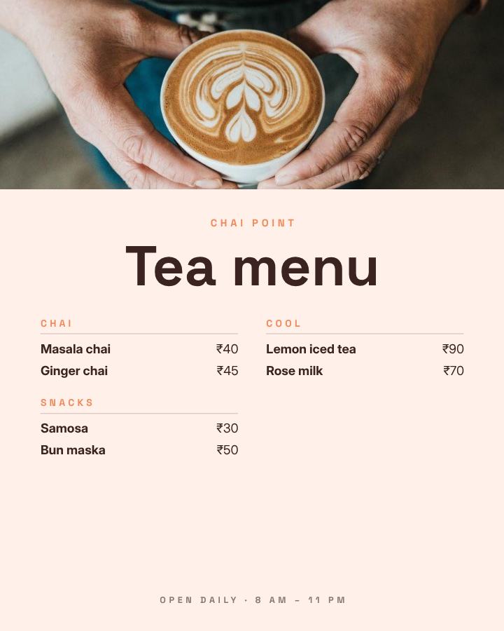 Peach Chai Point Tea menu — editable menus template