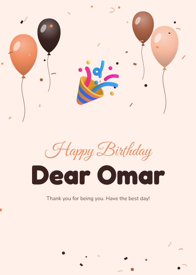 Peach Confetti Omar Birthday Wishes Card — editable birthday template