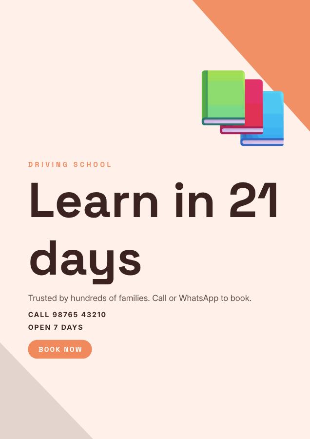 Peach Learn in 21 days Driving school Flyer Simple — editable business template