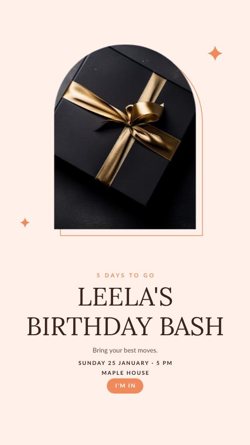 Peach Leela Birthday Bash Story — editable birthday template
