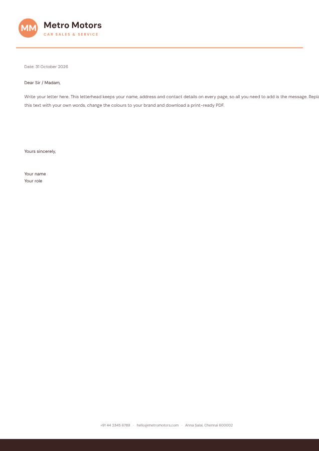 Peach Metro Motors Minimal Letterhead — editable business template
