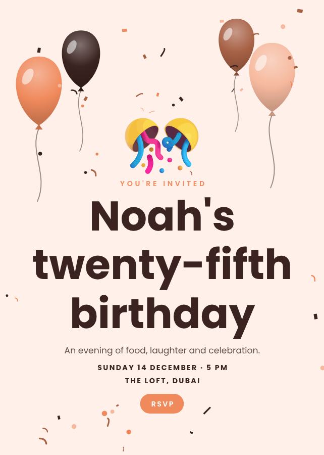 Peach Noah's Twenty-Five Birthday Invitation — editable birthday template