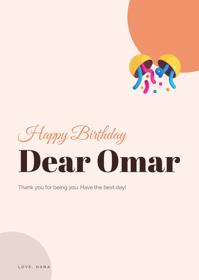 Peach Omar Birthday Wishes Card — editable birthday template