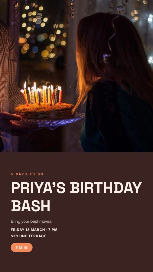 Peach Priya Birthday Bash Story — editable birthday template