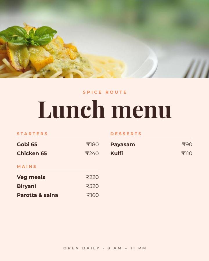 Peach Spice Route Lunch menu Card — editable menus template