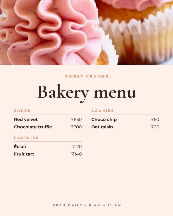 Peach Sweet Crumbs Bakery menu A4 — editable menus template