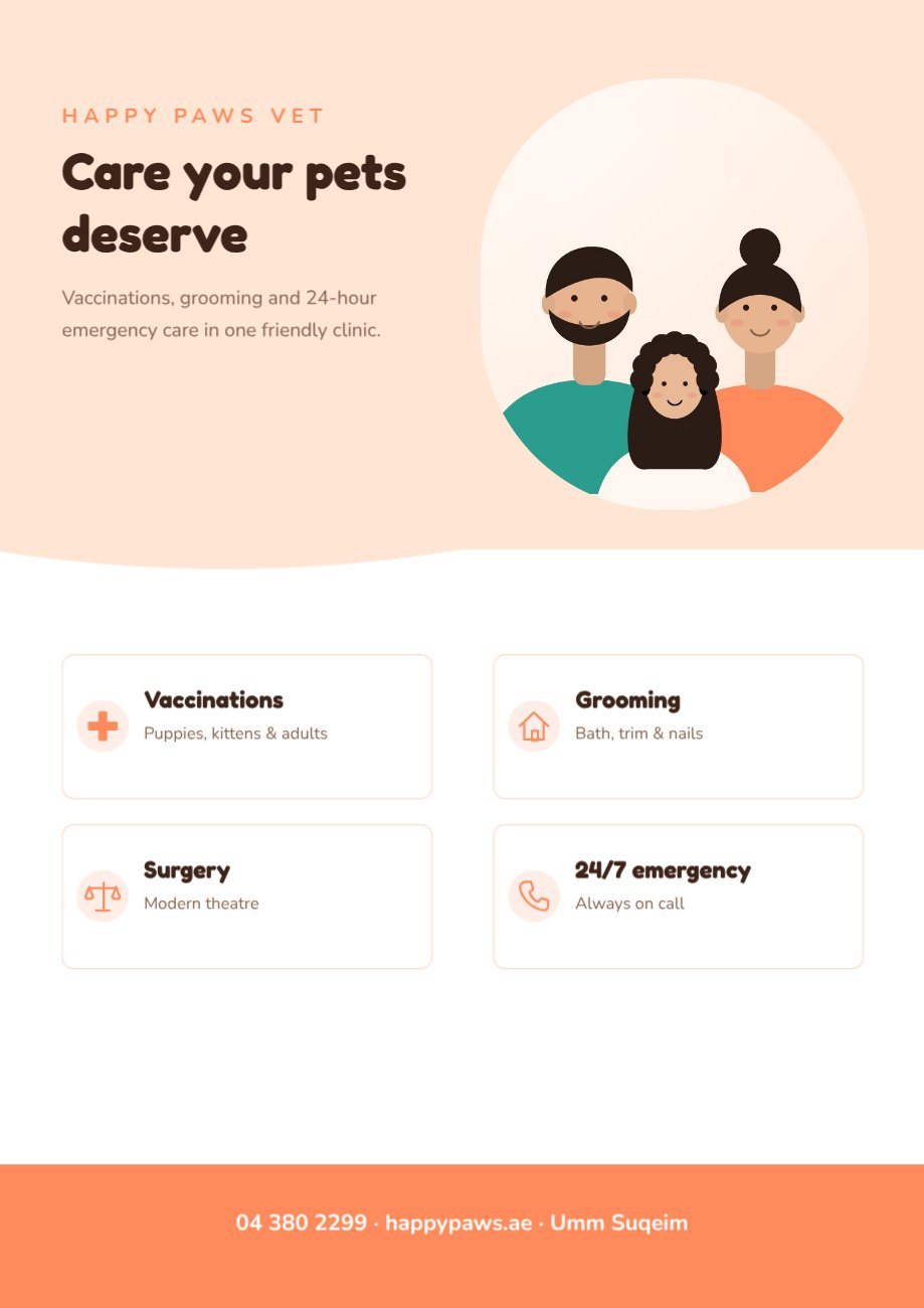 Pet Clinic Services Flyer — editable marketing template