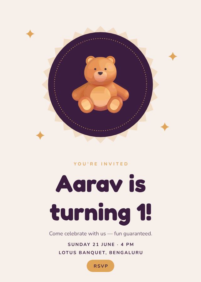 Plum Aarav's One Birthday Invitation — editable birthday template