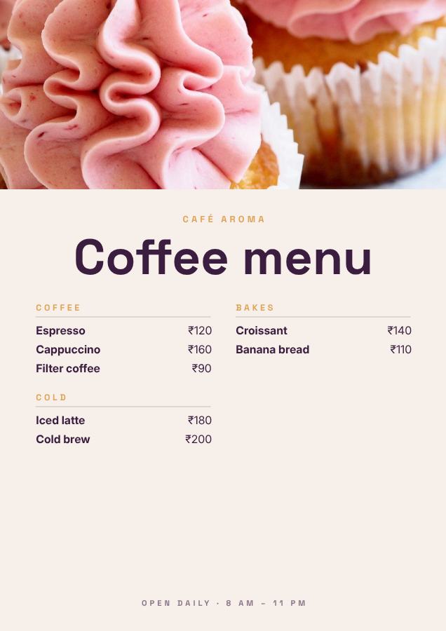 Plum Café Aroma Coffee menu A4 — editable menus template