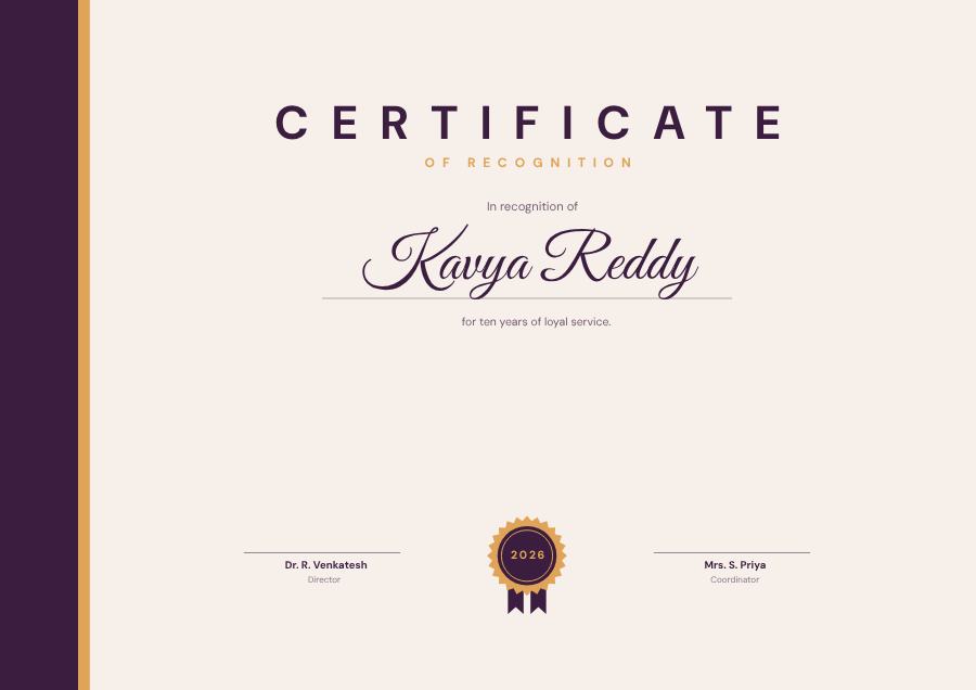 Plum Certificate Of Recognition Certificate Modern — editable certificates template
