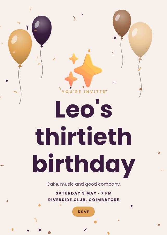 Plum Confetti Leo's Thirty Birthday Invitation — editable birthday template