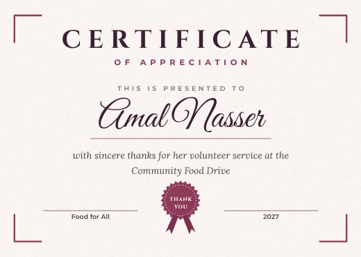 Plum Corner Appreciation Certificate — free certificate template