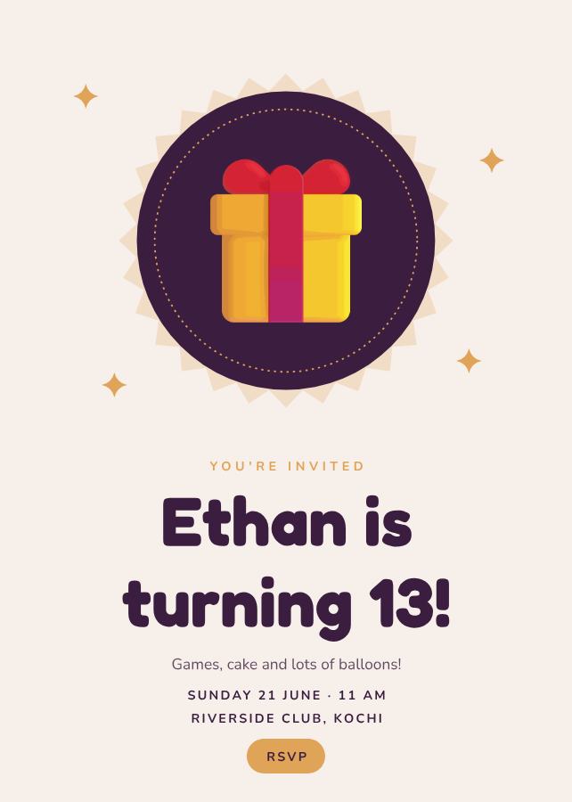 Plum Ethan's Thirteen Birthday Invitation — editable birthday template