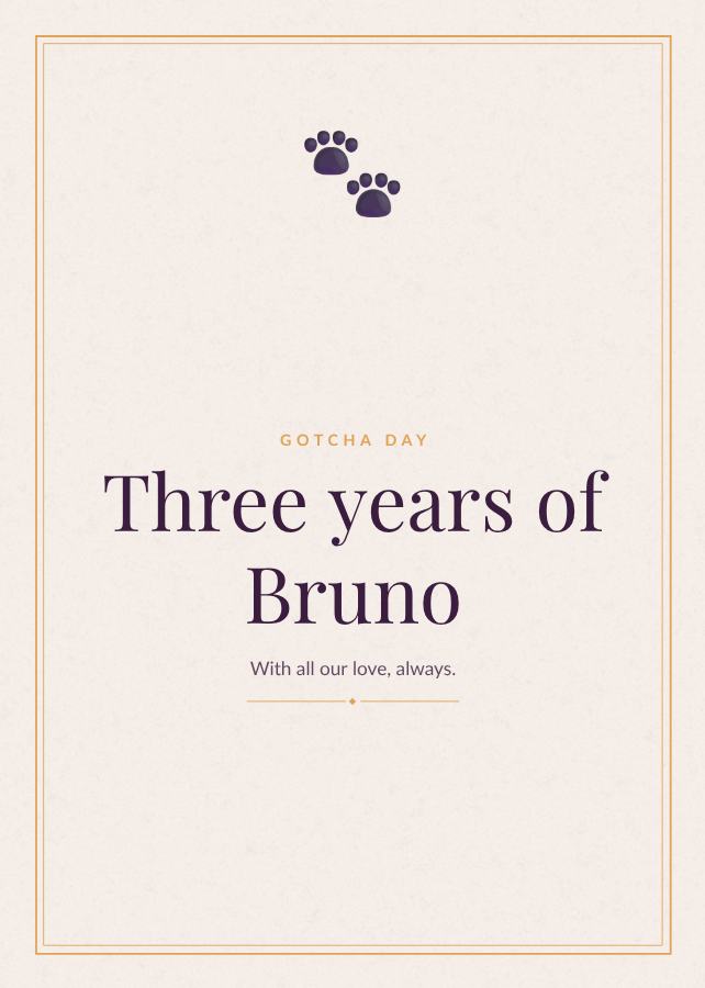 Plum Gotcha day Three years of Bruno Keepsake — editable love & family template
