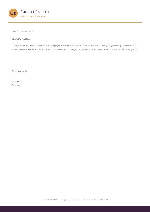 Plum Green Basket Minimal Letterhead — editable business template