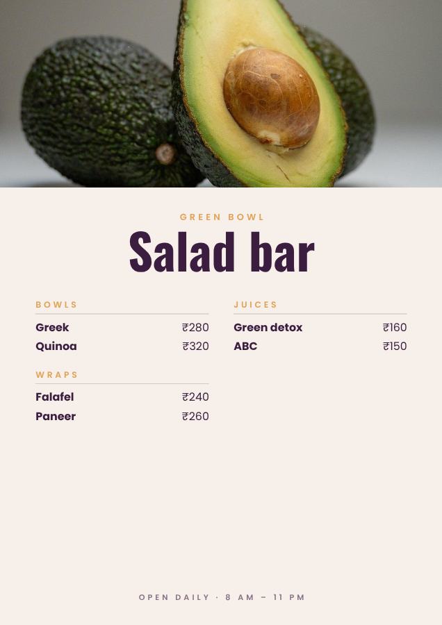 Plum Green Bowl Salad bar Card — editable menus template
