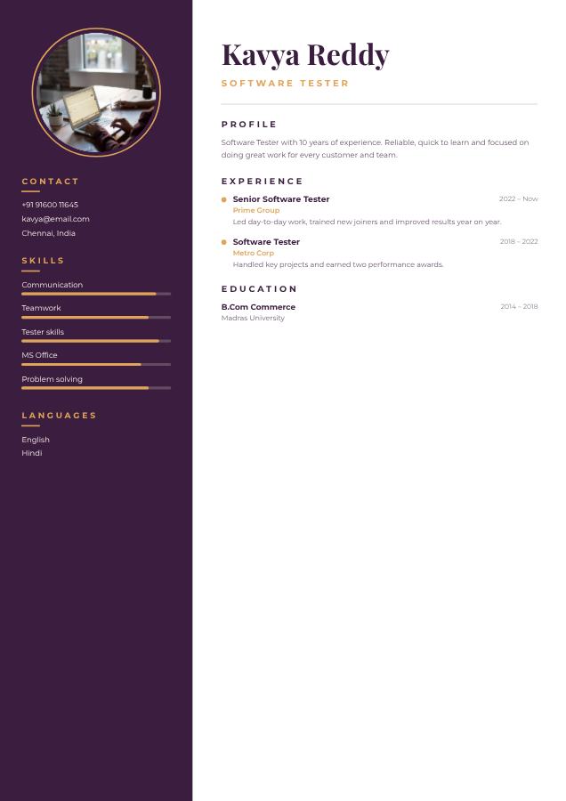 Plum Kavya Reddy Software Tester Resume — editable resume template
