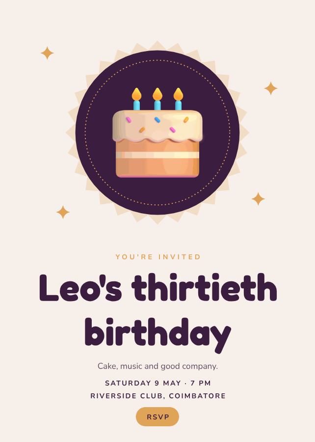 Plum Leo's Thirty Birthday Invitation — editable birthday template