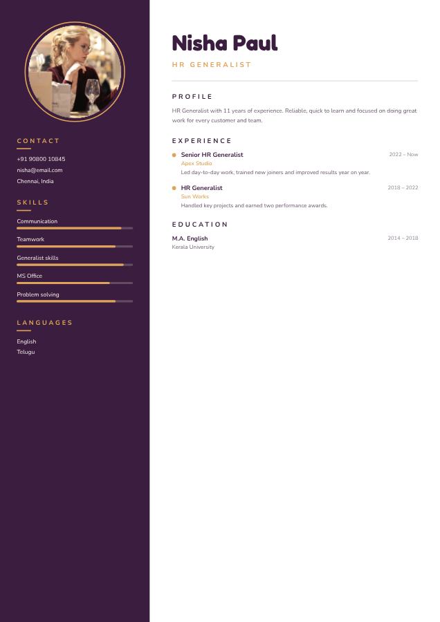 Plum Nisha Paul HR Generalist Resume — editable resume template