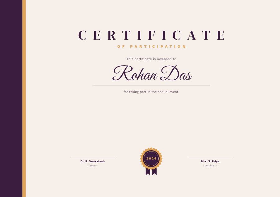 Plum Of Participation Certificate Classic — editable certificates template