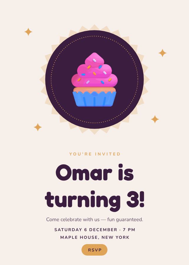 Plum Omar's Three Birthday Invitation — editable birthday template