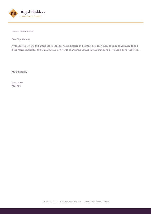 Plum Royal Builders Minimal Letterhead — editable business template