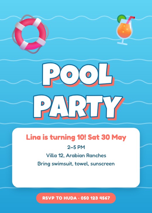 قالب بطاقة دعوة مجاني — Pool Party 10th Birthday Invitation