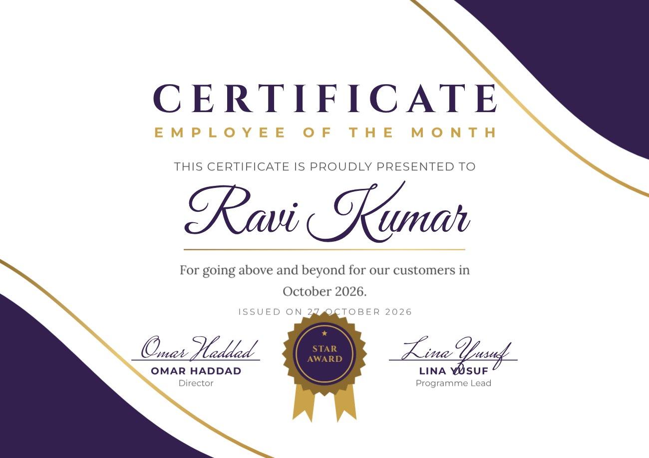Purple Wave Employee of the Month Certificate — editable certificates template