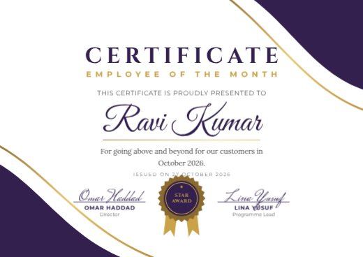 Purple Wave Employee of the Month Certificate
