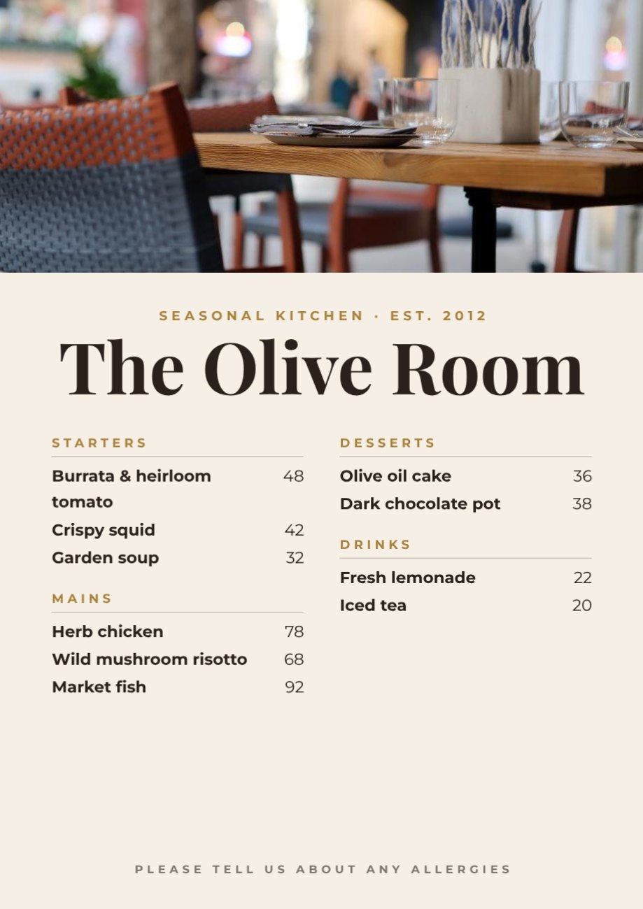 Restaurant Menu A4 — editable menus template