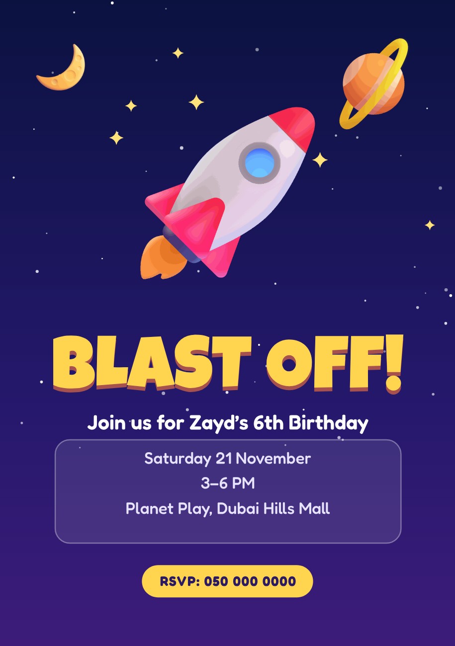Rocket Blast Off Space Invitation — editable birthday template